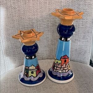 2 Nicole Engblom ceramic Shabbat candle holders multicolor Jerusalem skyline